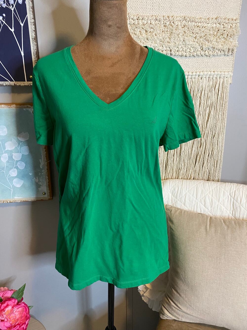 Nautica Green V-Neck Stretch Tee Shirt Women’s Large Casual Cotton Blend Top